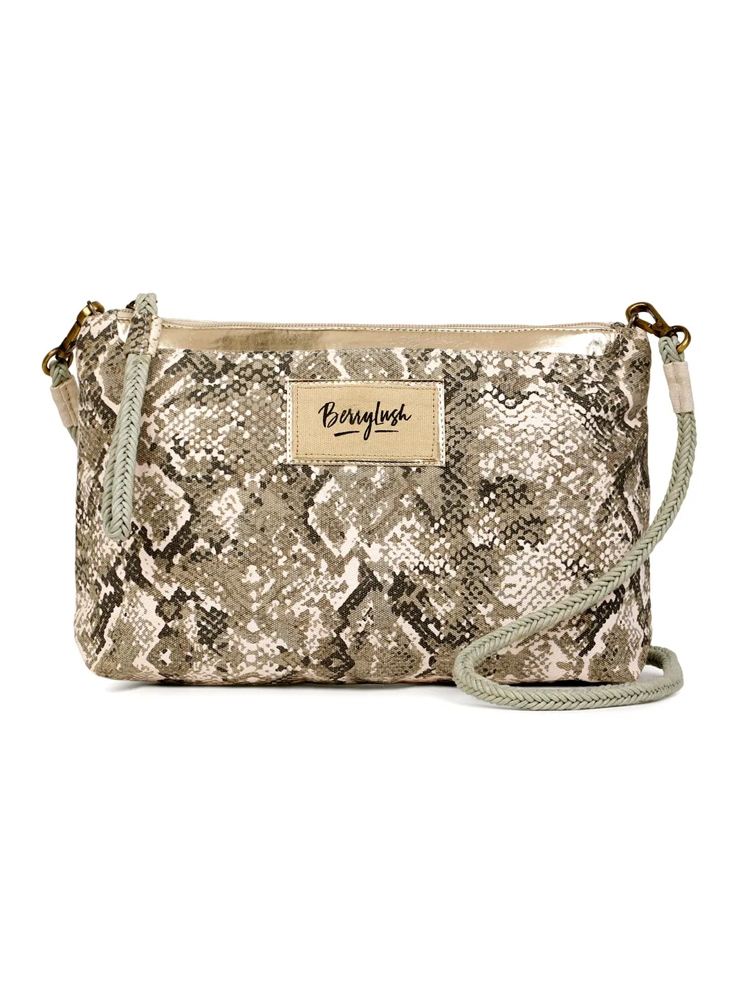 Berrylush Women White & Golden Snake Printed Canvas Detachable Sling Strap Small Clutch/Sling Bag