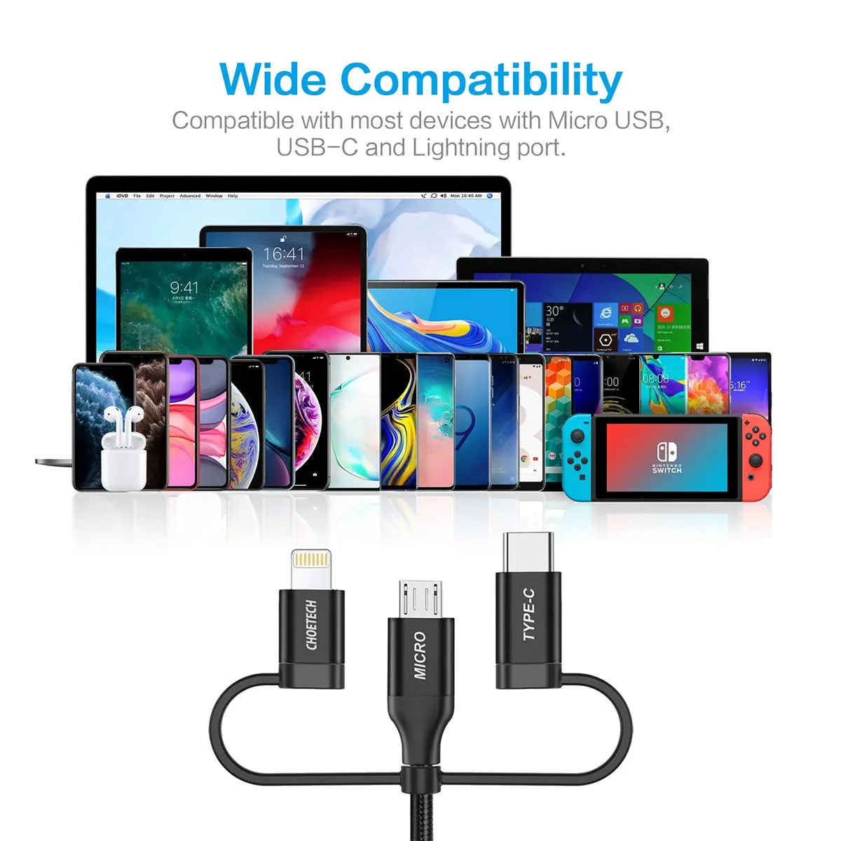 Choetech 3-in-1 USB-A to Type-C/Micro/Lightning Nylon Cable IP0030 (1.2m)