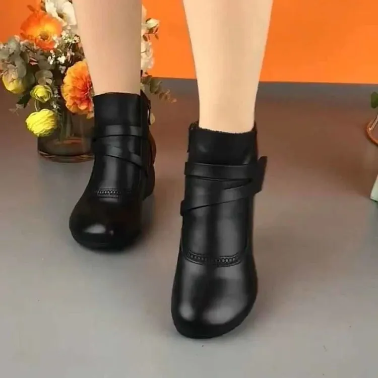 Cross-Border Ethnic Style Retro Ankle Boots Women's Chunky Heel round Head Comfortable Mom Shoes Side Zipper Versatile Leather Boots Soft Bottom Soft Surface