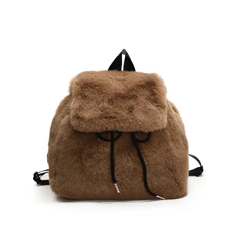 Faux Fur Small Leopard Backpacks Women's Flap Drawstring Soft Solid Shoulder Bag