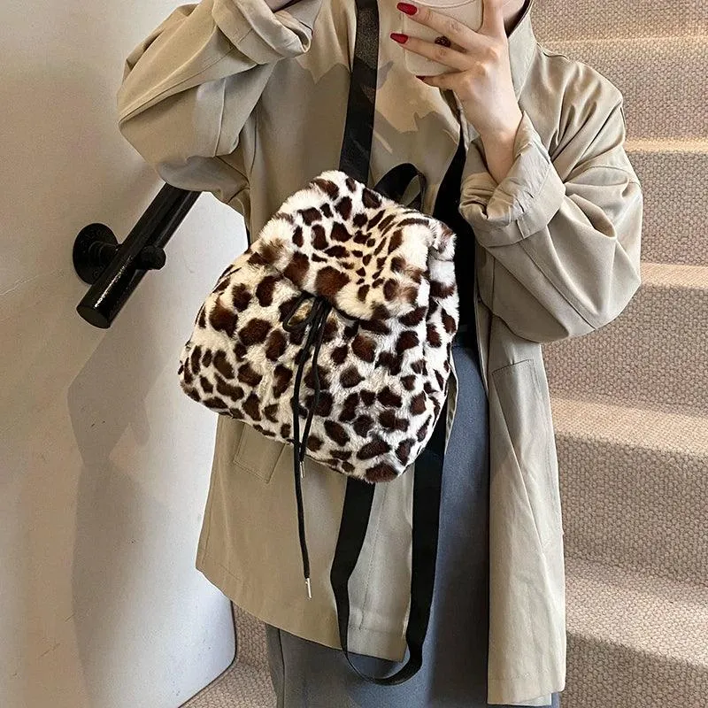 Faux Fur Small Leopard Backpacks Women's Flap Drawstring Soft Solid Shoulder Bag