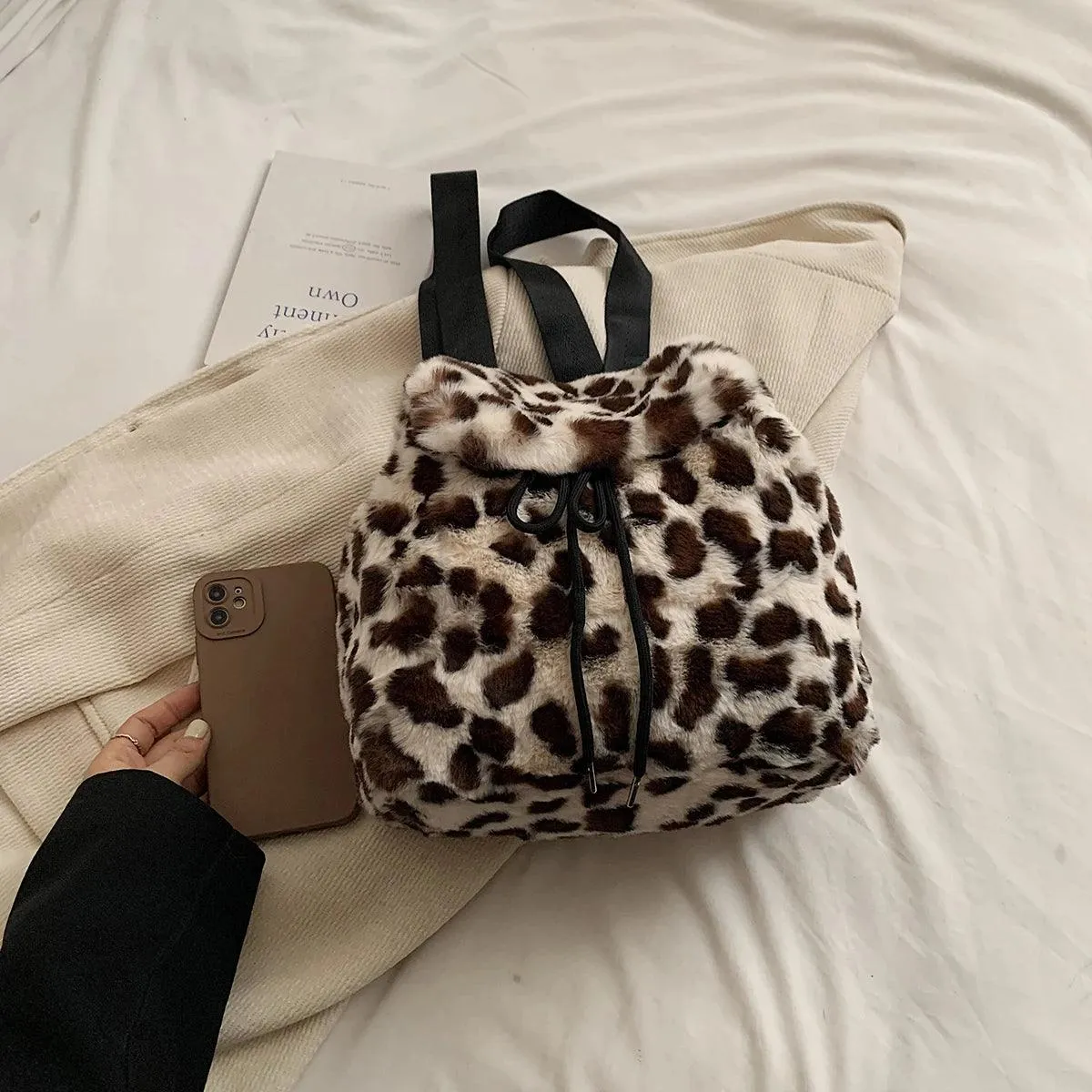 Faux Fur Small Leopard Backpacks Women's Flap Drawstring Soft Solid Shoulder Bag