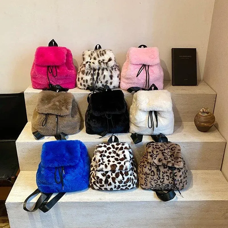 Faux Fur Small Leopard Backpacks Women's Flap Drawstring Soft Solid Shoulder Bag