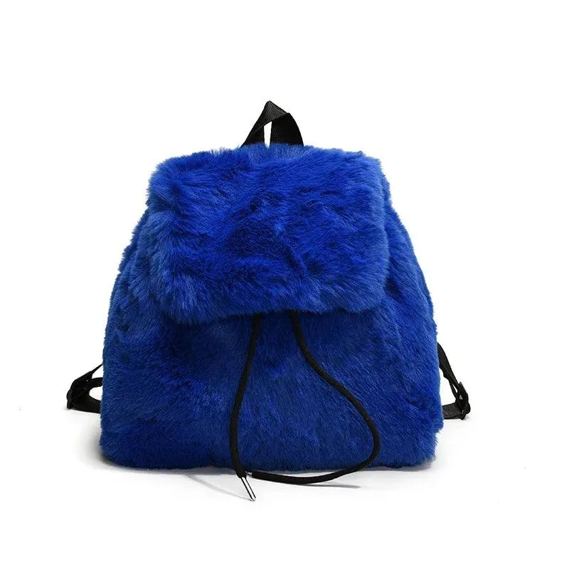 Faux Fur Small Leopard Backpacks Women's Flap Drawstring Soft Solid Shoulder Bag