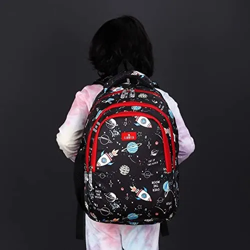 Gleevers X The Clownfish Cosmic Critters Series School Bags 30 L | Printed Polyester | Free Stationery Pouch | Gift for Kids | Black