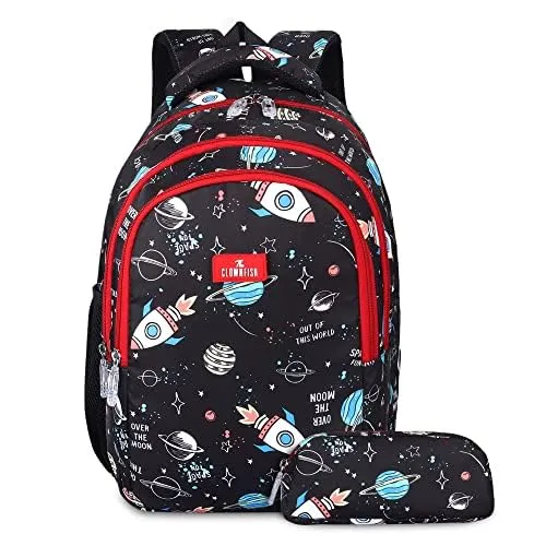 Gleevers X The Clownfish Cosmic Critters Series School Bags 30 L | Printed Polyester | Free Stationery Pouch | Gift for Kids | Black