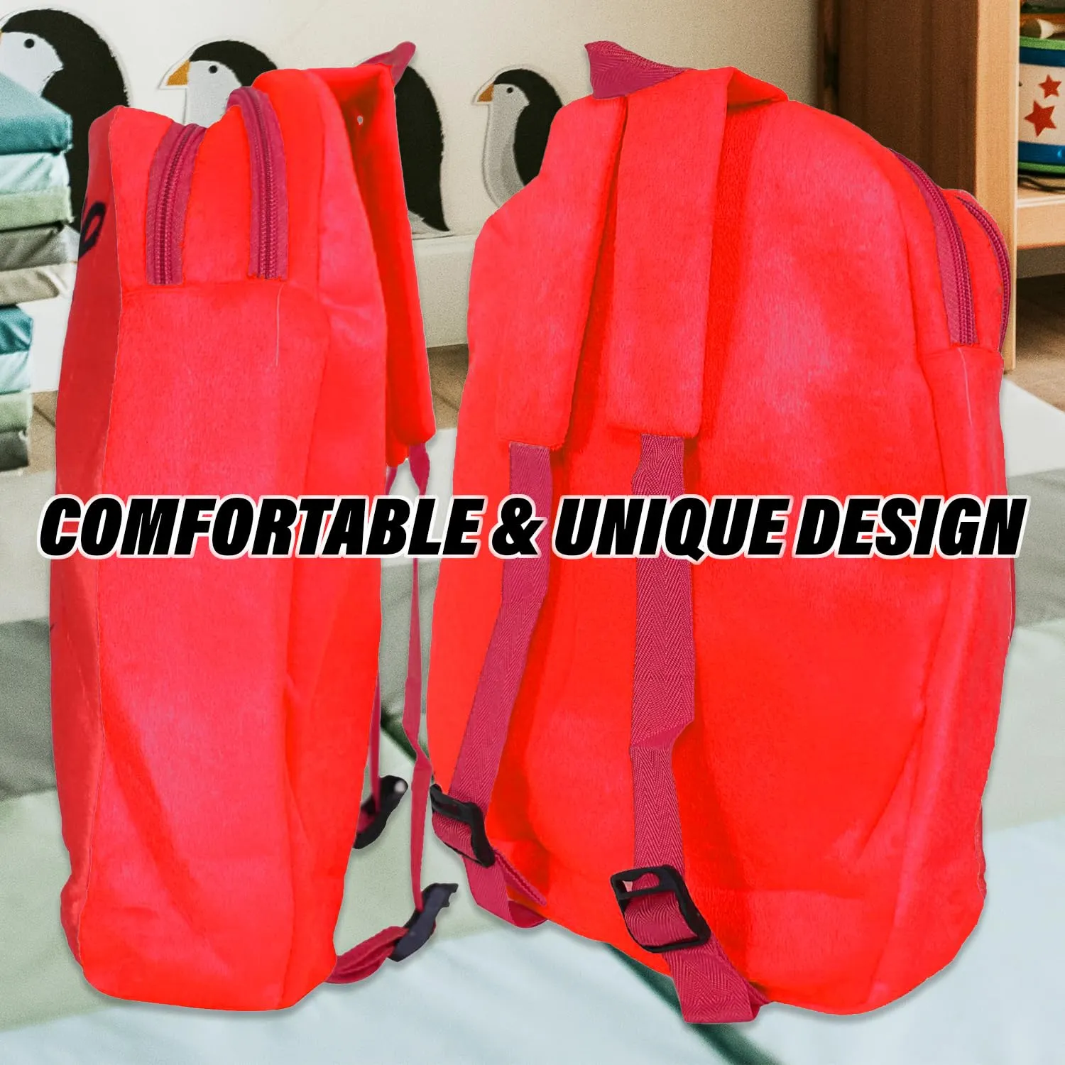 Heart Home Disney Mickey Backpack | 2 Compartment Velvet School Bag | School Bag for Kids | Kids School Backpack | Backpack for School | Red