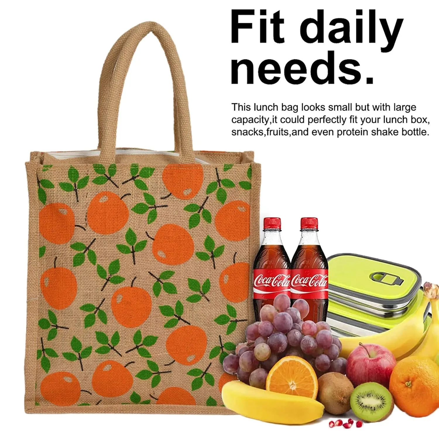 Kuber Industries Grocery Bag | Jute Carry Bag | Reusable Shopping Bag | Lunch Handbag | Zipper Grocery Bag with Handle | Vegetable Bag | Red Apple Grocery Bag | Brown