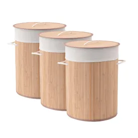 Kuber Industries Pack of 3 Rectangular Bamboo Laundry Basket For Clothes With Lid | 61 Ltr Washing Clothes Storage Box -Dark Brown