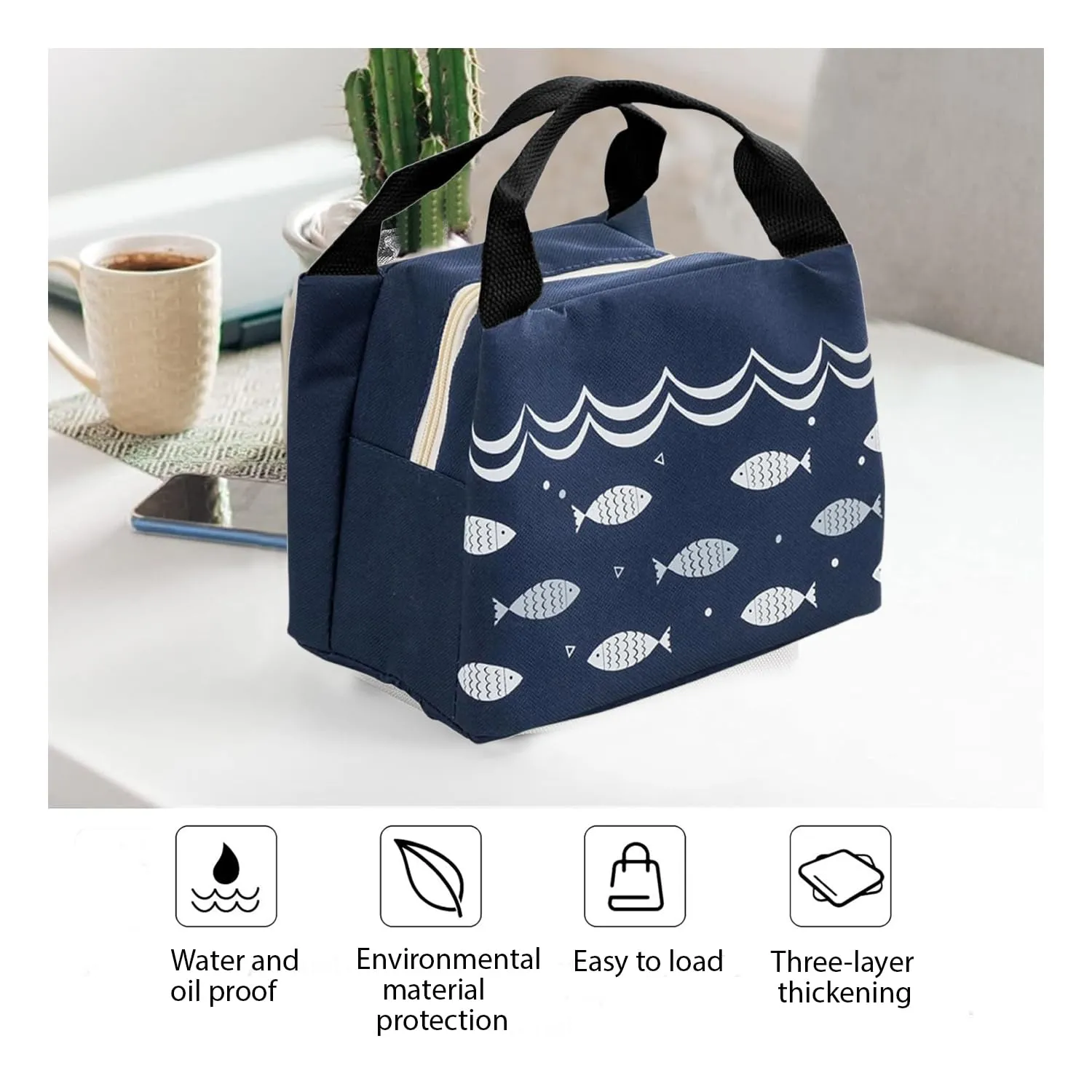 Kuber Industries Pack of 5 Lunch Bag | Lunch Bag for Office | Lunch Bag for College | Reusable Lunch Bag | Lunch Bag for Adults | Tiffin Lunch Bag with Handle | Printed | LYN06-NVY | Navy Blue