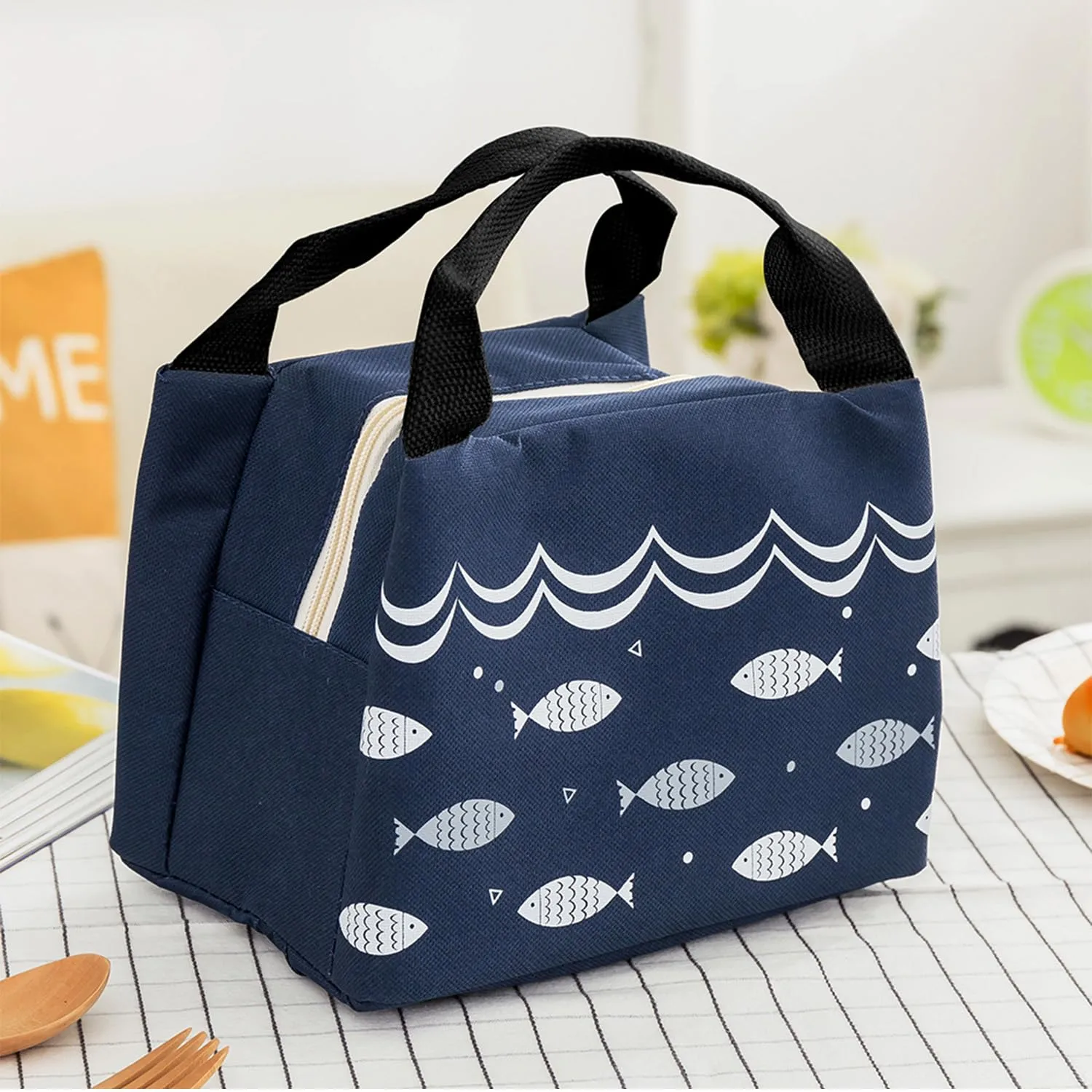 Kuber Industries Pack of 5 Lunch Bag | Lunch Bag for Office | Lunch Bag for College | Reusable Lunch Bag | Lunch Bag for Adults | Tiffin Lunch Bag with Handle | Printed | LYN06-NVY | Navy Blue