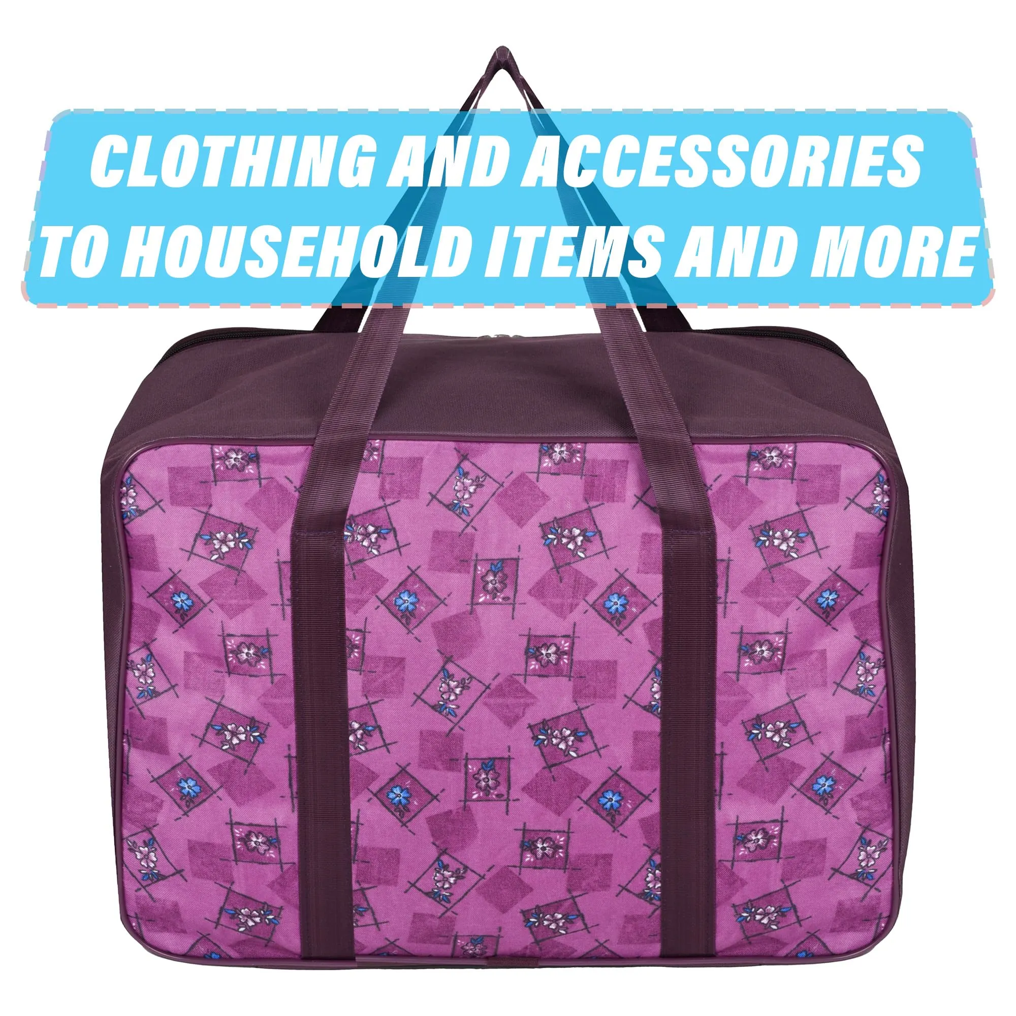 Kuber Industries Storage Bag | Clothes Storage Attachi Bag | Underbed Storage Bag | Zipper Storage Bag | Wardrobe Organizer with Handle | Travel Attachi Bag | Flower Check | Large | Purple