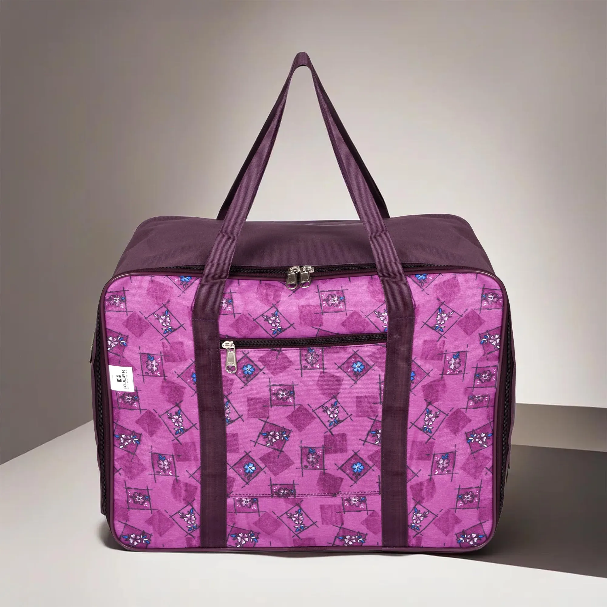 Kuber Industries Storage Bag | Clothes Storage Attachi Bag | Underbed Storage Bag | Zipper Storage Bag | Wardrobe Organizer with Handle | Travel Attachi Bag | Flower Check | Large | Purple