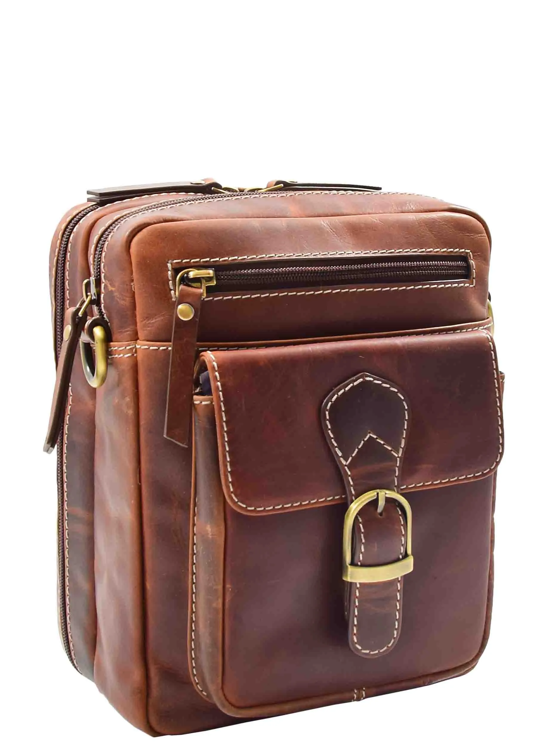 Mens Genuine Brown Leather Messenger Bag Multi Pockets Casual Flight Pouch Artie