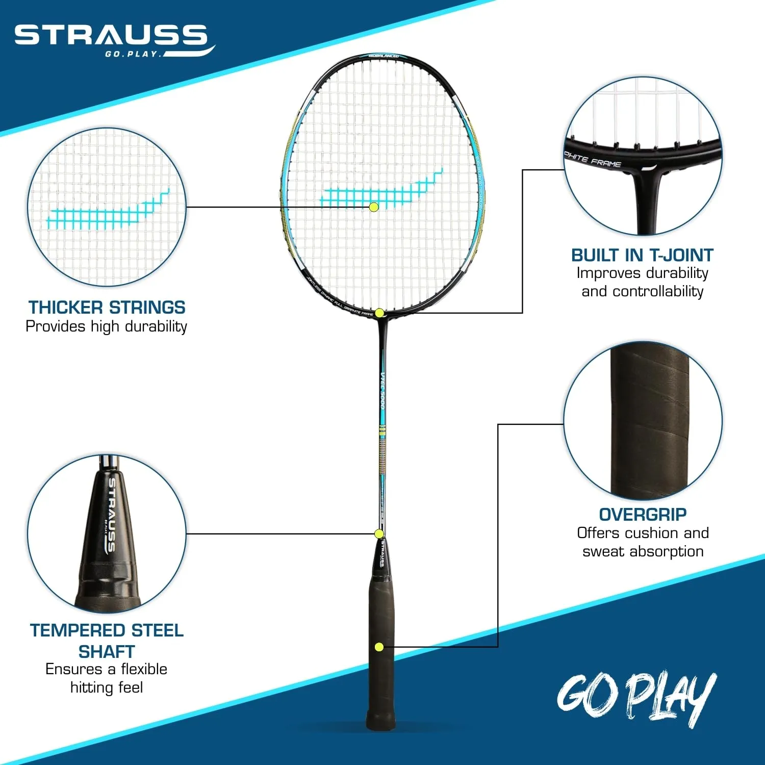 Strauss Pace-7000 Full Graphite Badminton Racquet with Carry Bag| Lightweight 90g| High-Performance Racket for Professionals and Beginners| Enhanced Grip Handle |Pack of 1,(Blue Strung)