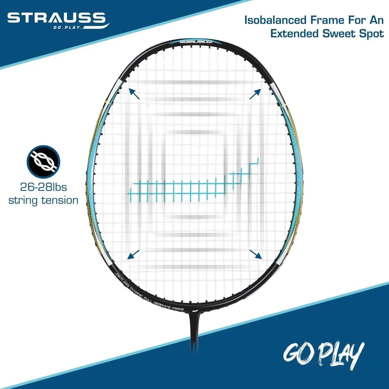 Strauss Pace-7000 Full Graphite Badminton Racquet with Carry Bag| Lightweight 90g| High-Performance Racket for Professionals and Beginners| Enhanced Grip Handle |Pack of 1,(Blue Strung)