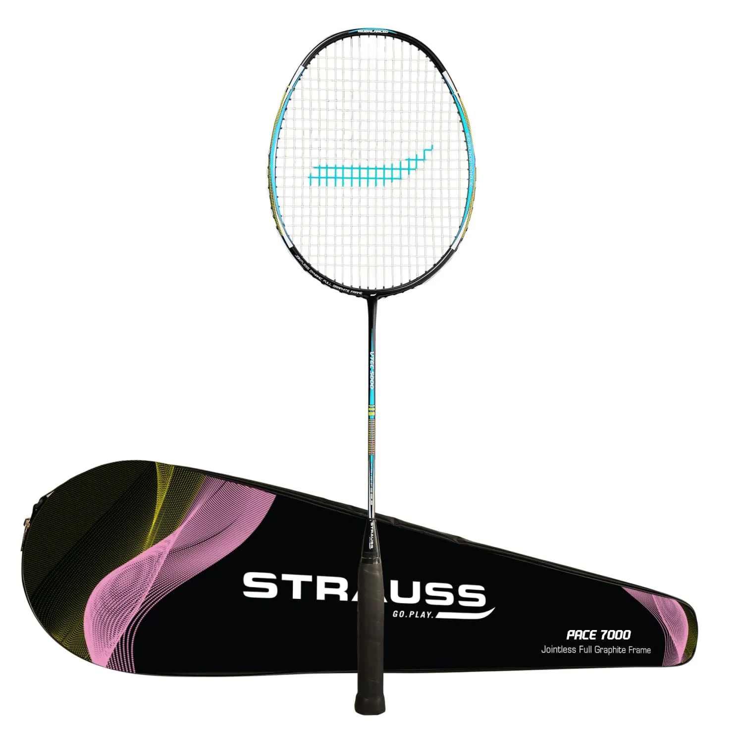 Strauss Pace-7000 Full Graphite Badminton Racquet with Carry Bag| Lightweight 90g| High-Performance Racket for Professionals and Beginners| Enhanced Grip Handle |Pack of 1,(Blue Strung)