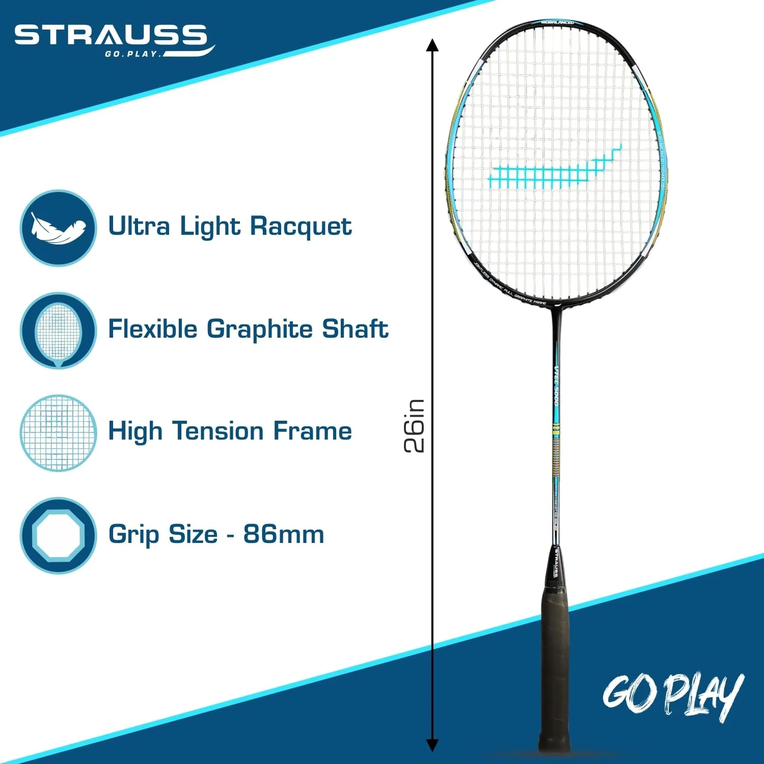 Strauss Pace-7000 Full Graphite Badminton Racquet with Carry Bag| Lightweight 90g| High-Performance Racket for Professionals and Beginners| Enhanced Grip Handle |Pack of 1,(Blue Strung)