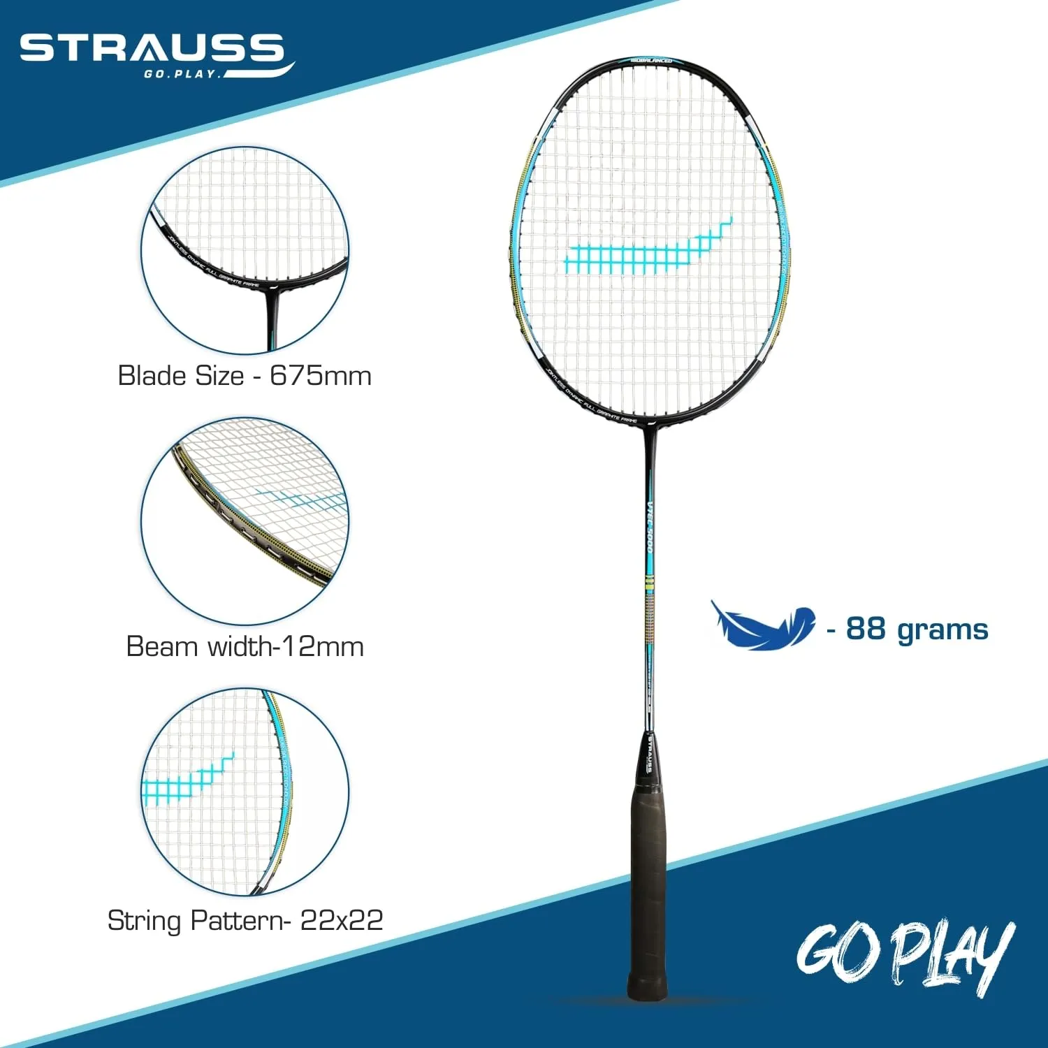 Strauss Pace-7000 Full Graphite Badminton Racquet with Carry Bag| Lightweight 90g| High-Performance Racket for Professionals and Beginners| Enhanced Grip Handle |Pack of 1,(Blue Strung)