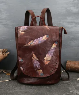 Stylish Reddish Brown Feather Embossing Calf Leather Backpack Bag