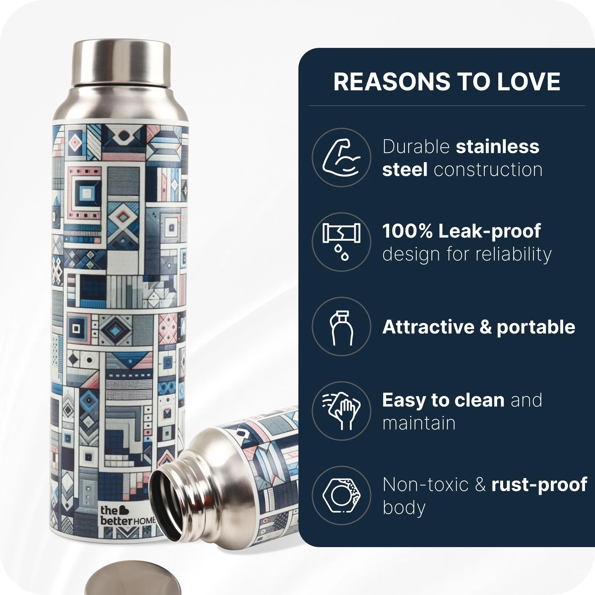 The Better Home Stainless Steel 1L Water Bottle | Gym Water Bottle For Men | Travel Bottle For Adults/Kids/School/Office | Water Bottle For Kids (Block Party)