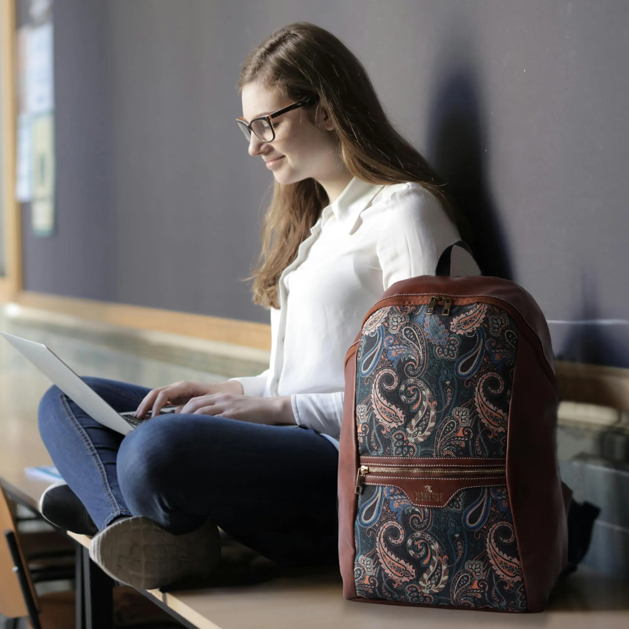 THE CLOWNFISH Propulse Collection Jute Fabric & Vegan Leather 15.6 inch Womens Laptop Backpack with Trolley Strap Travel Backpack for Women Office College Going Girls (Brown)