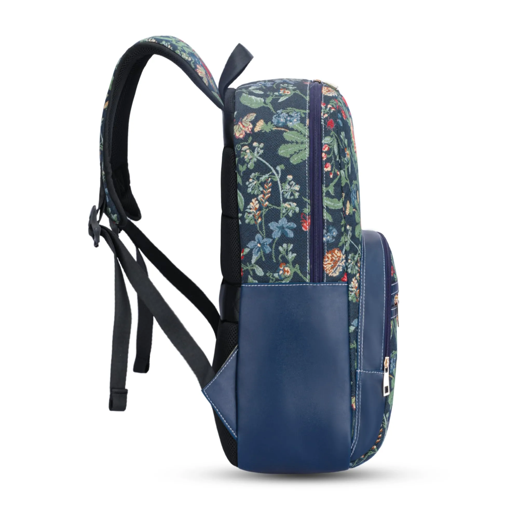 THE CLOWNFISH Techlux Collection Tapestry Fabric & Vegan Leather 15.6 inch Womens Laptop Backpack with Trolley Strap Travel Backpack for Women Office College Going Girls (Navy Blue)