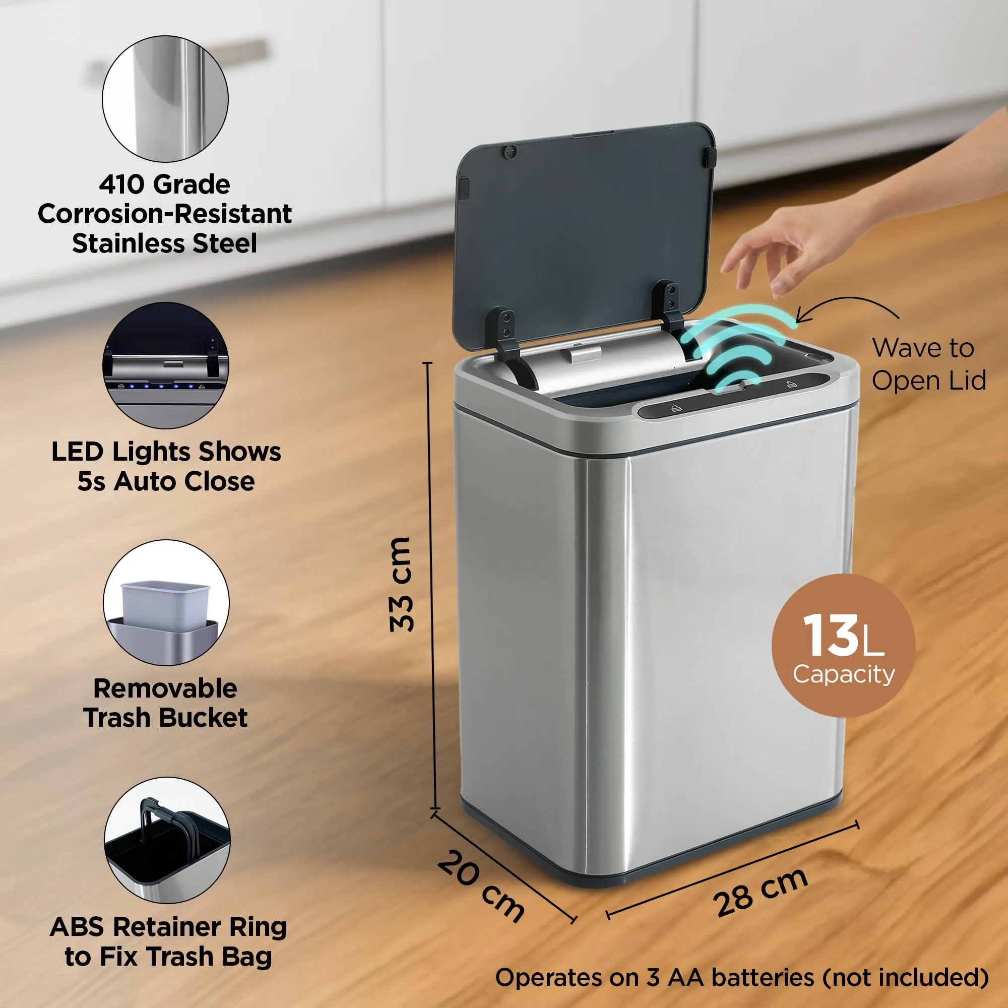 UMAI Stainless Steel Dustbin | 13L | Dustbin With Lid | Dustbin For Kitchen | | Automatic Sensor Dustbin With Trash Bag Fixer Ring | Dustbin For Bathroom | Dustbin For Bedroom, Home & Office | Silver