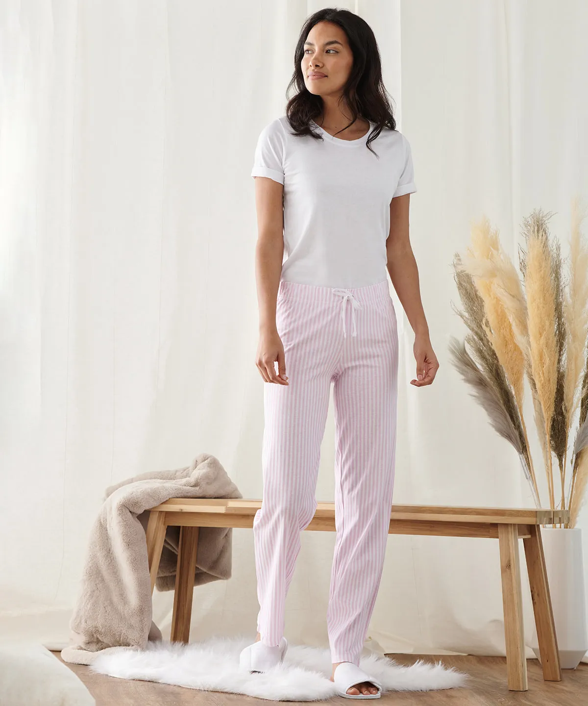 White/Pink/White Stripe - Women's long pant pyjama set (in a bag)